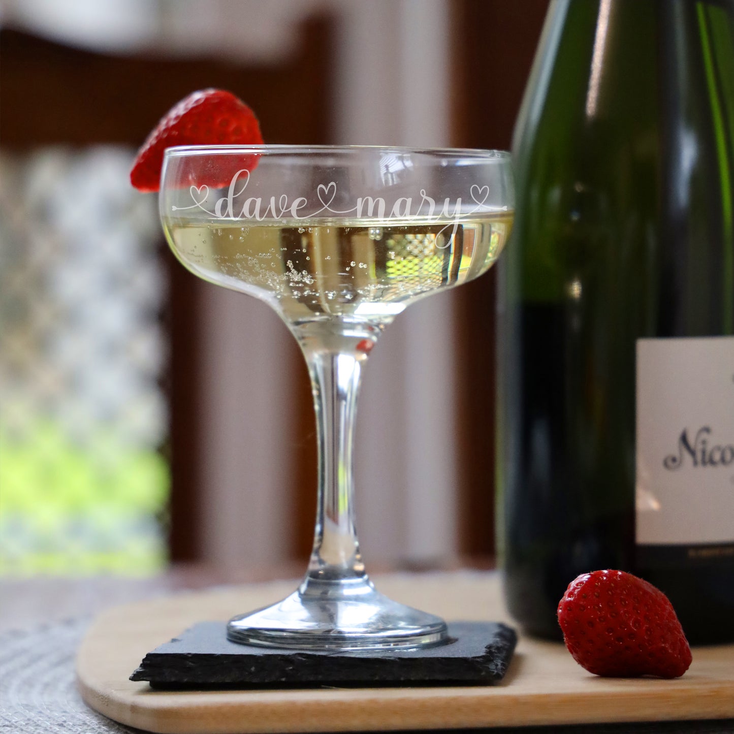 Personalised Engraved Heart and Name Champagne Saucer  - Always Looking Good - One Glass  
