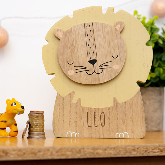 Personalised Engraved Kids Lion Money Box with Name  - Always Looking Good -   