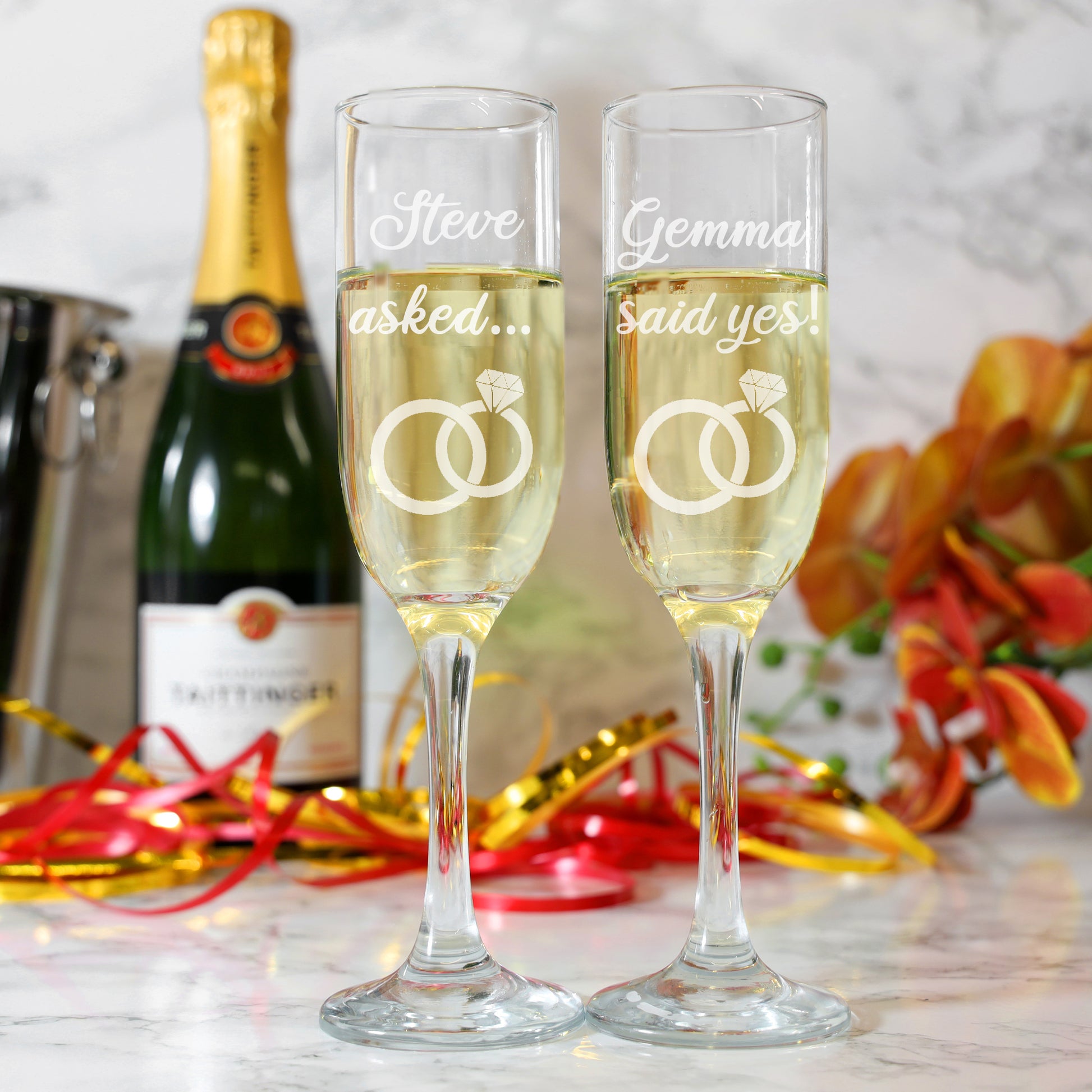 Personalised Engraved Engagement Champagne Flute Glass Set "Asked...Said Yes..."  - Always Looking Good -   