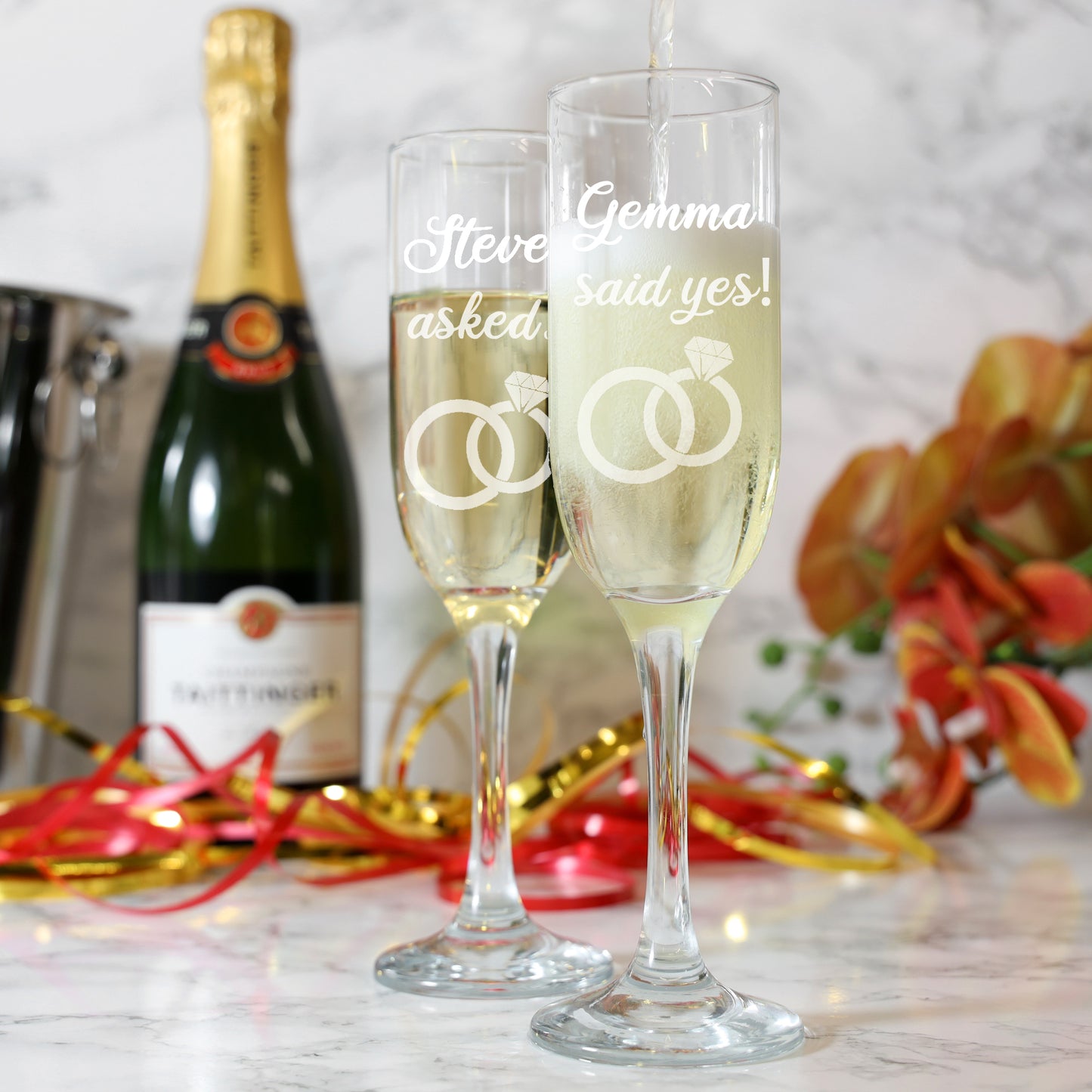 Personalised Engraved Engagement Champagne Flute Glass Set "Asked...Said Yes..."  - Always Looking Good -   