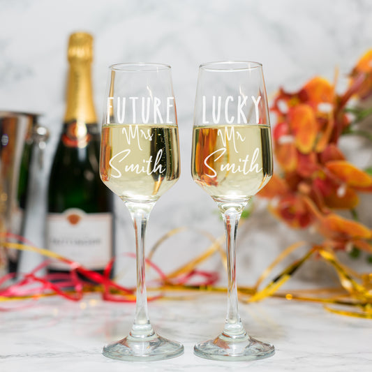 Personalised Engraved Future Mrs/Lucky Mr Champagne Glass Set  - Always Looking Good -   