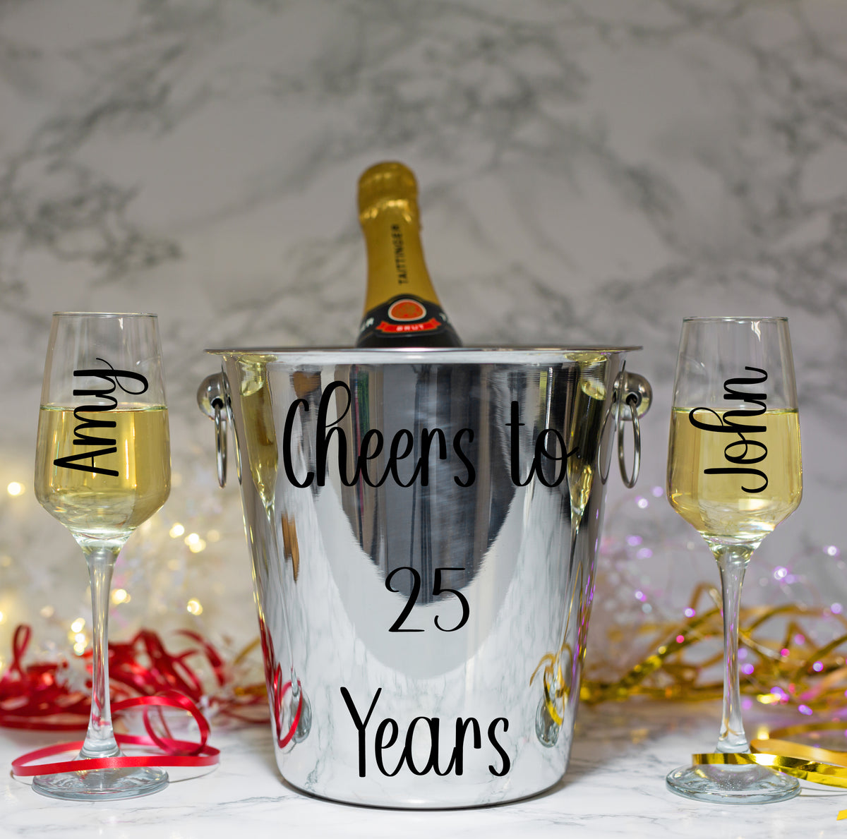 Silver Wedding Anniversary Gift - Personalised Champagne Glasses With Ice Bucket  - Always Looking Good -   