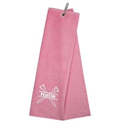Personalised Embroidered Tri Fold GOLF Towel Trifold Towel with Carabiner Clip  - Always Looking Good - Pink  