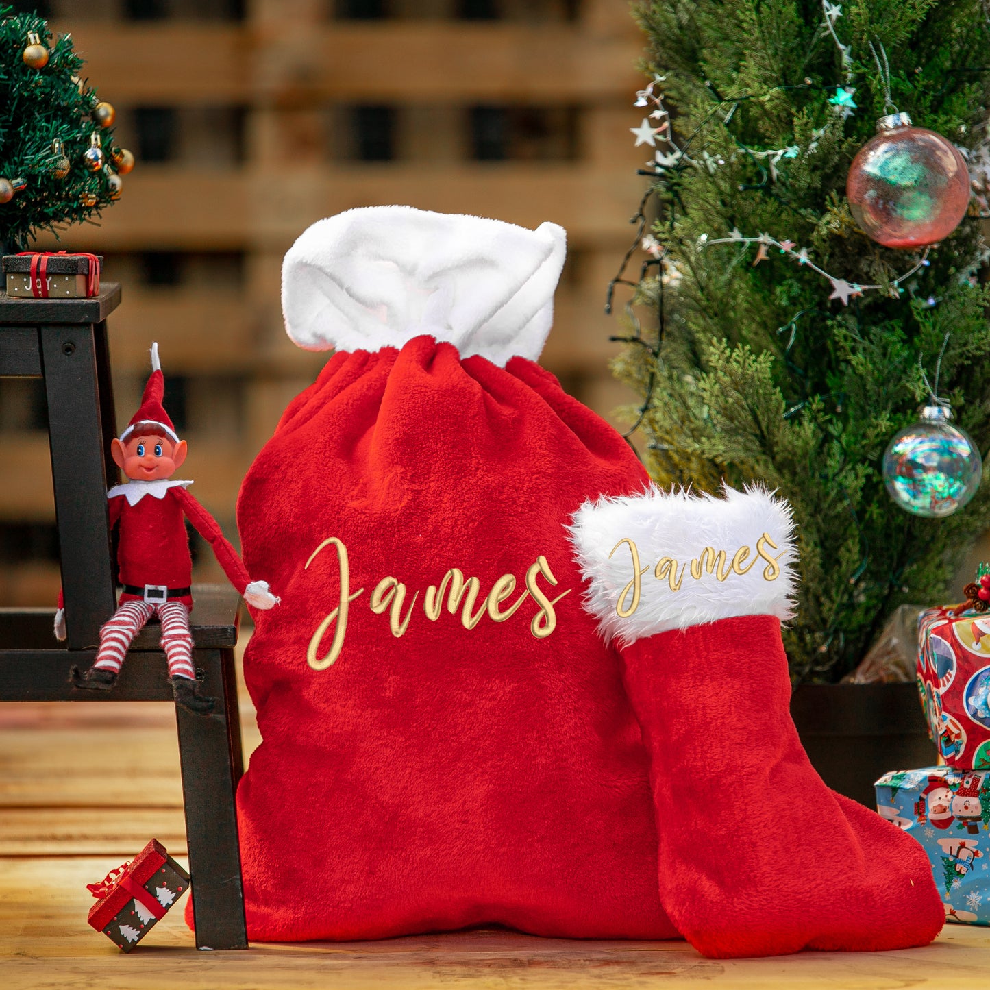 Personalised Christmas Plush Red Santa Sack and/or Stocking Embroidered Name Gift Set  - Always Looking Good - Standard Stocking and Sack  