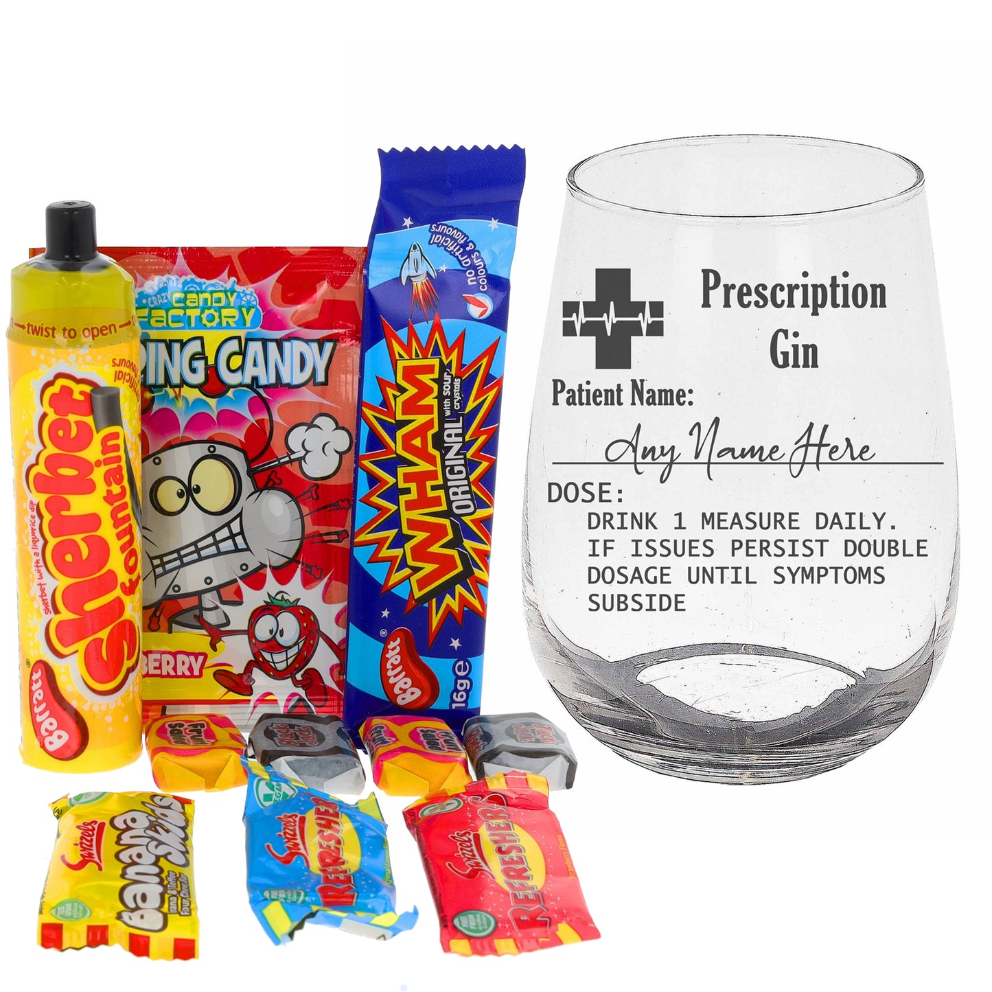 Personalised Engraved Prescription Stemless Gin Glass  - Always Looking Good - Filled- Retro Sweets  