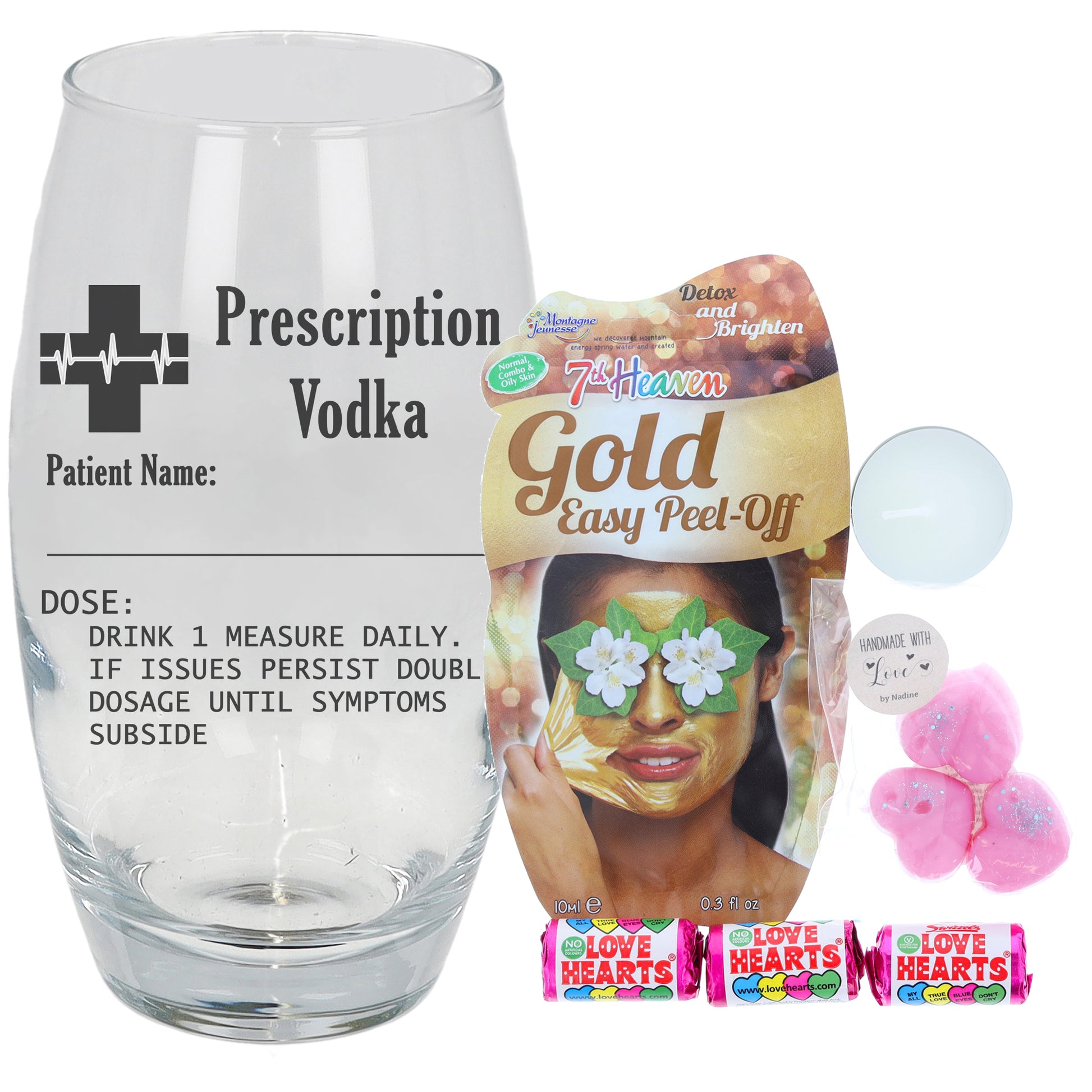 Personalised Engraved Prescription Vodka Glass with any Name  - Always Looking Good - Filled with Ladies Pamper Products Large Tondo 