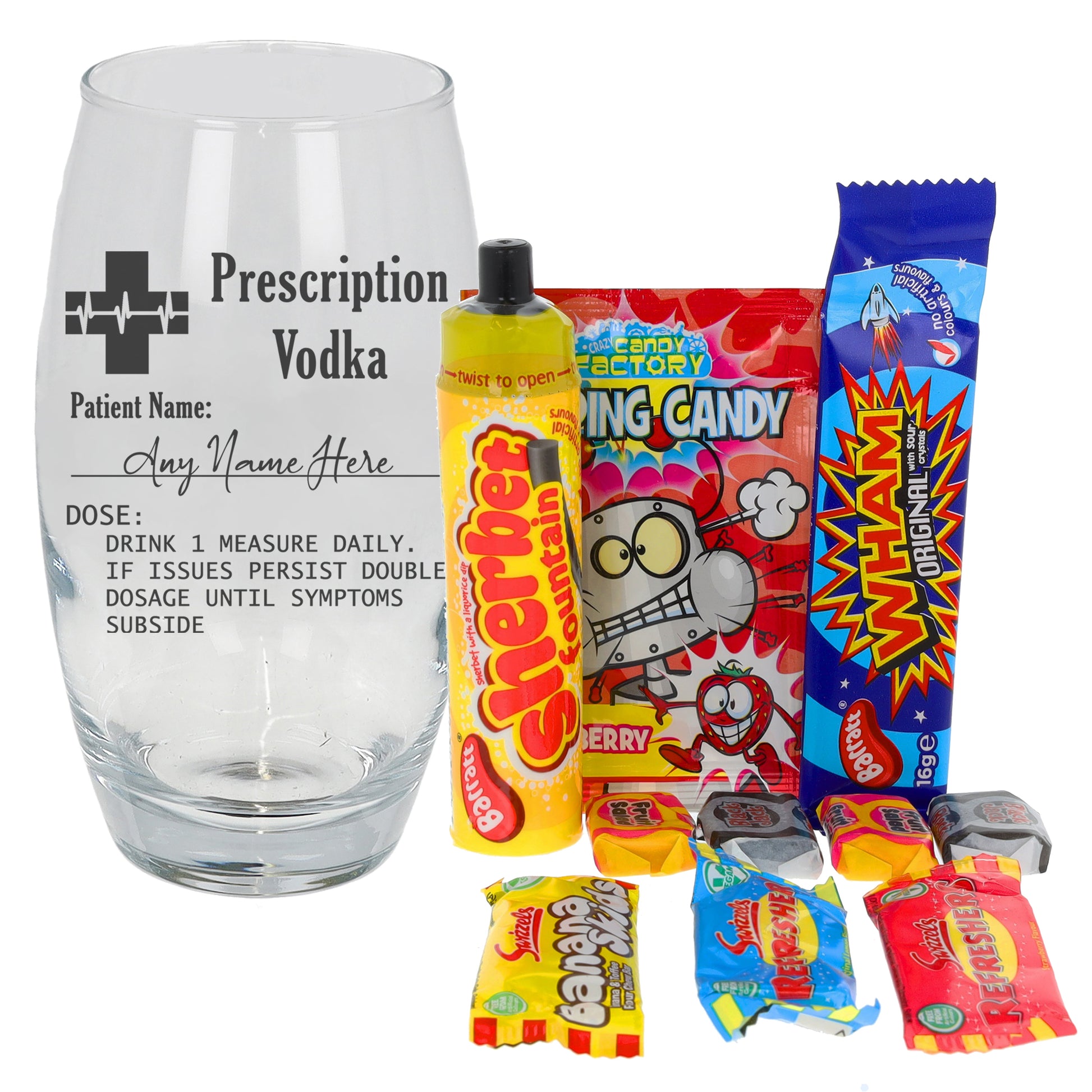 Personalised Engraved Prescription Vodka Glass with any Name  - Always Looking Good - Filled with Retro Sweets Large Tondo 