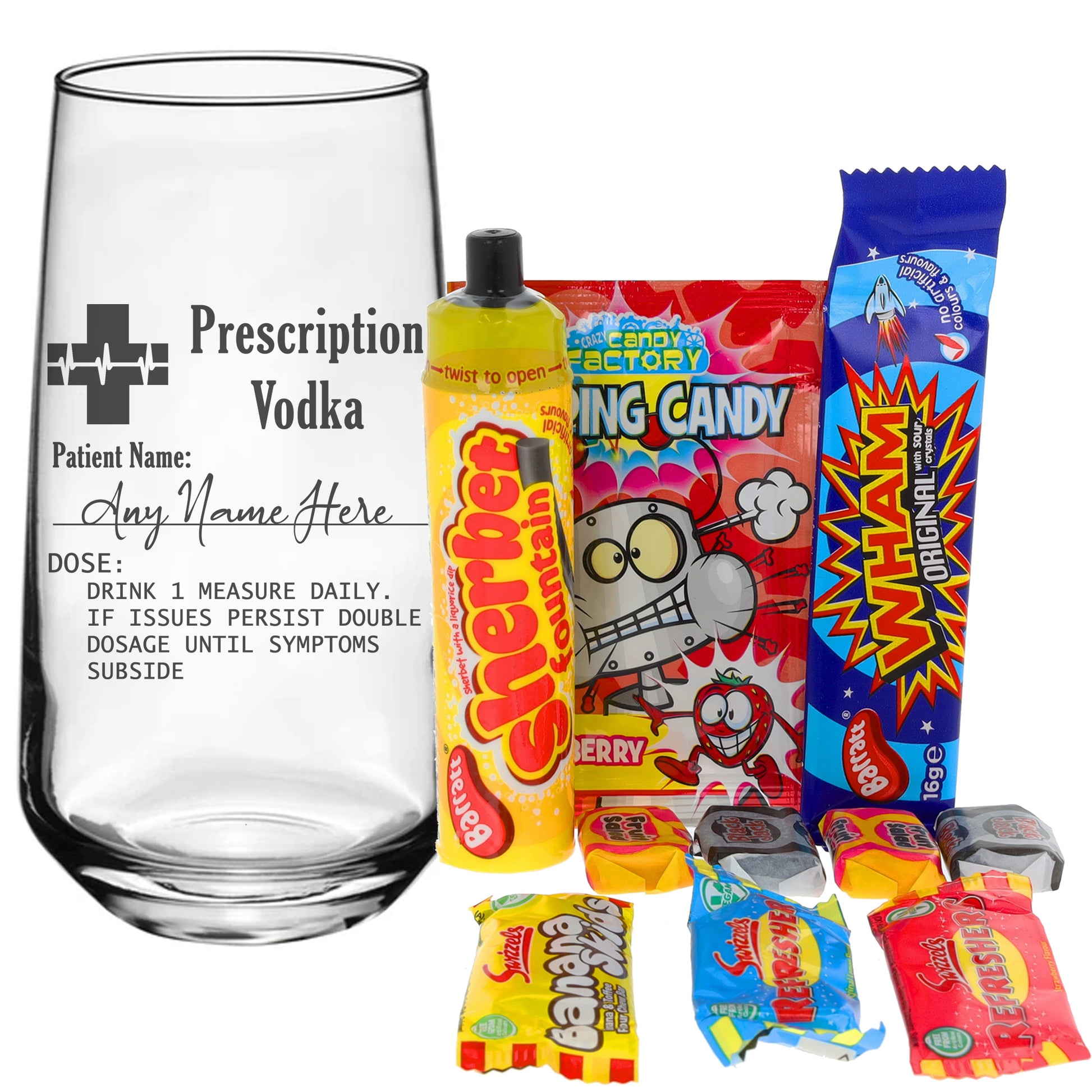 Personalised Engraved Prescription Vodka Glass with any Name  - Always Looking Good - Filled with Retro Sweets Large Tallo 