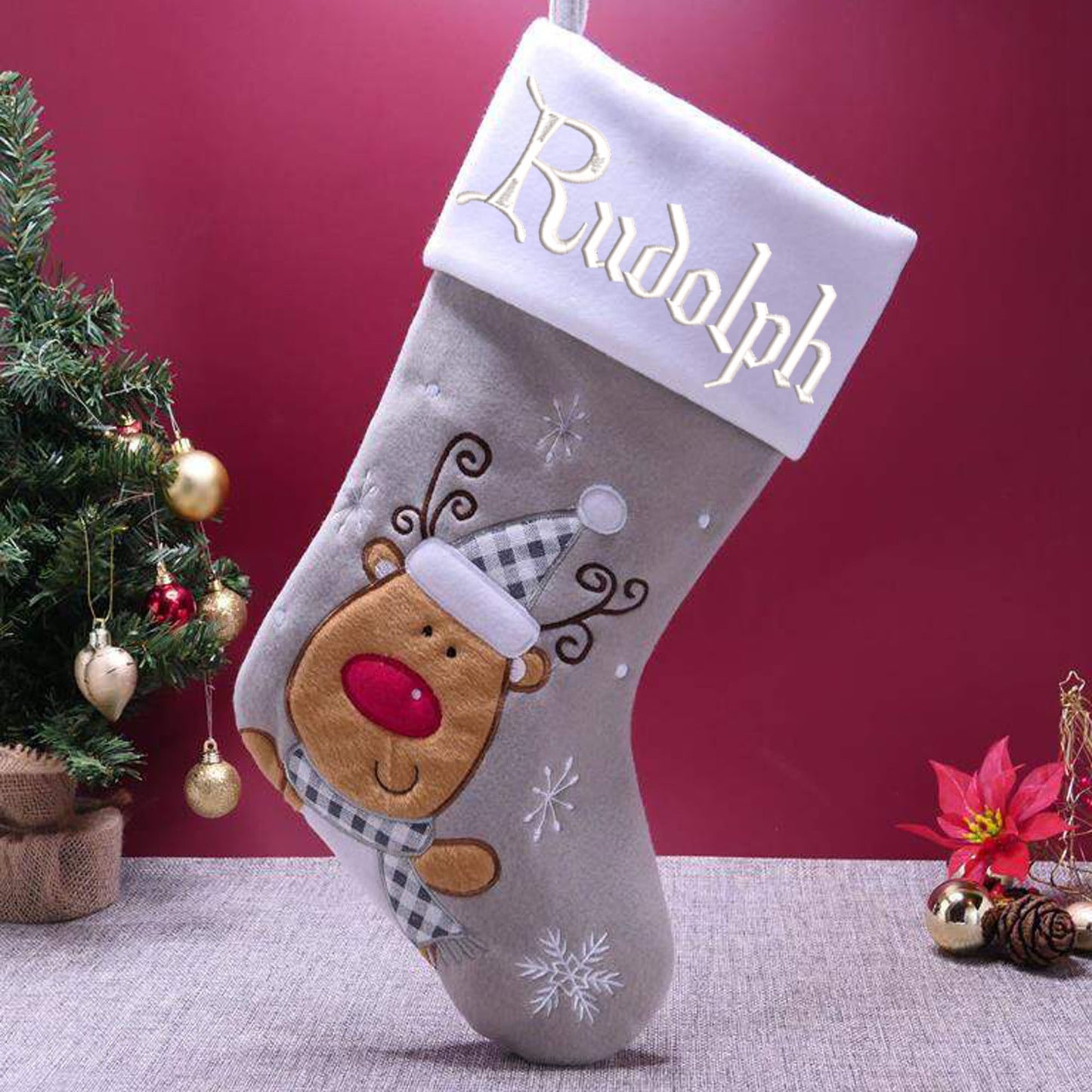 Personalised Embroidered Grey Christmas Santa Stocking Reindeer Or Santa Design  - Always Looking Good -   