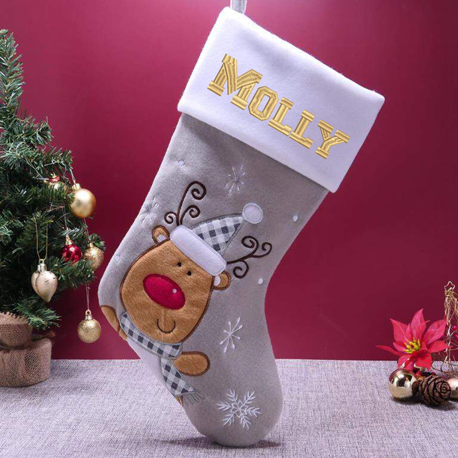 Personalised Embroidered Grey Christmas Santa Stocking Reindeer Or Santa Design  - Always Looking Good - Reindeer  