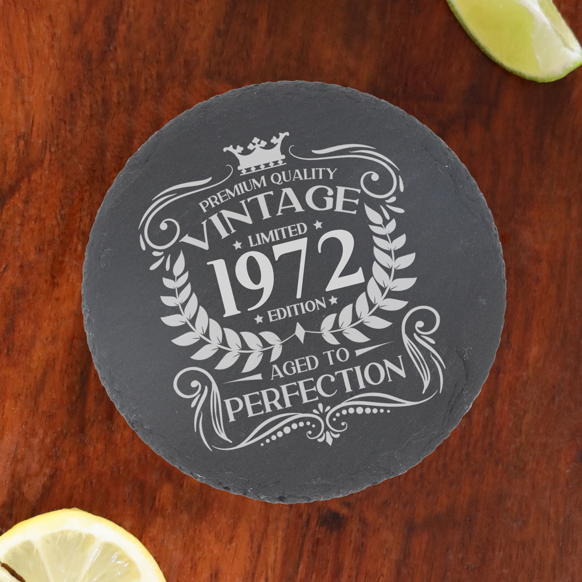 Vintage Any Year All Ages Engraved Birthday Stemless Gin Glass and/or Coaster Set  - Always Looking Good - Round Coaster Only  