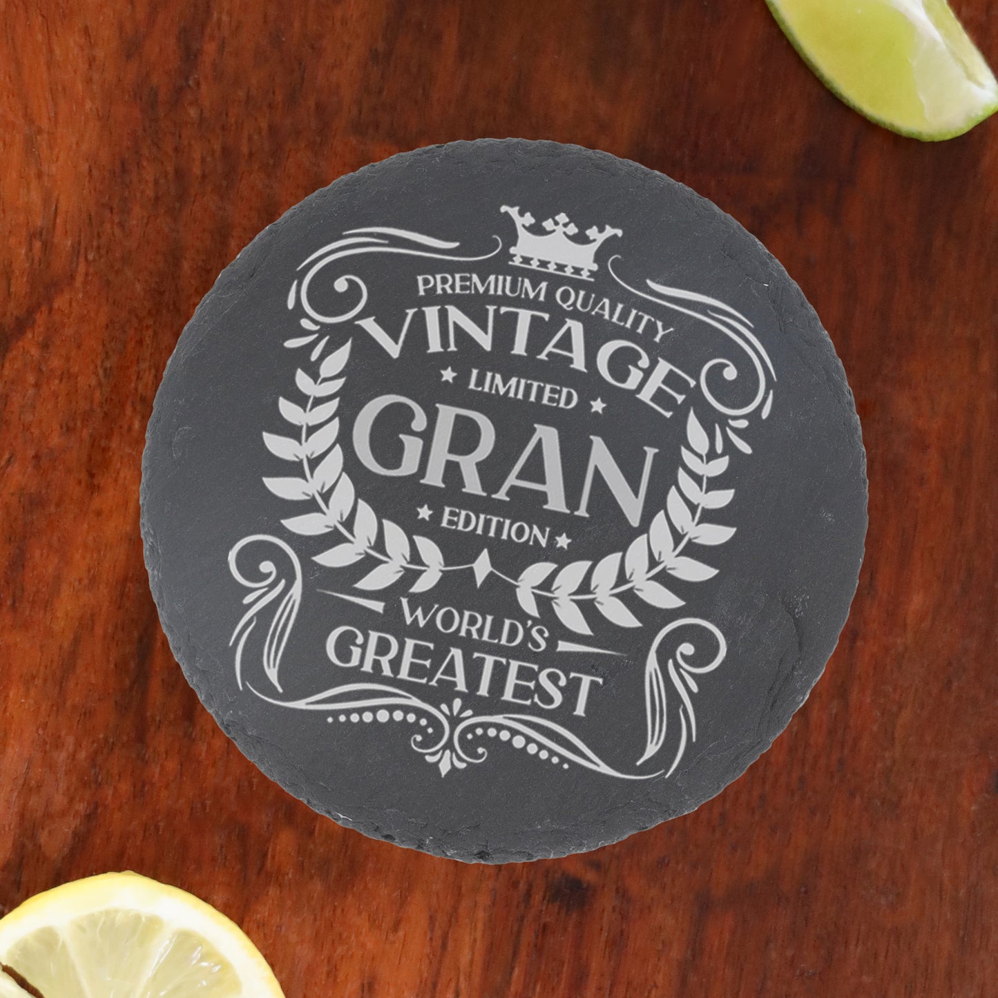 Vintage World's Greatest Gran Engraved Stemless Gin Glass Gift  - Always Looking Good - Round Coaster Only  