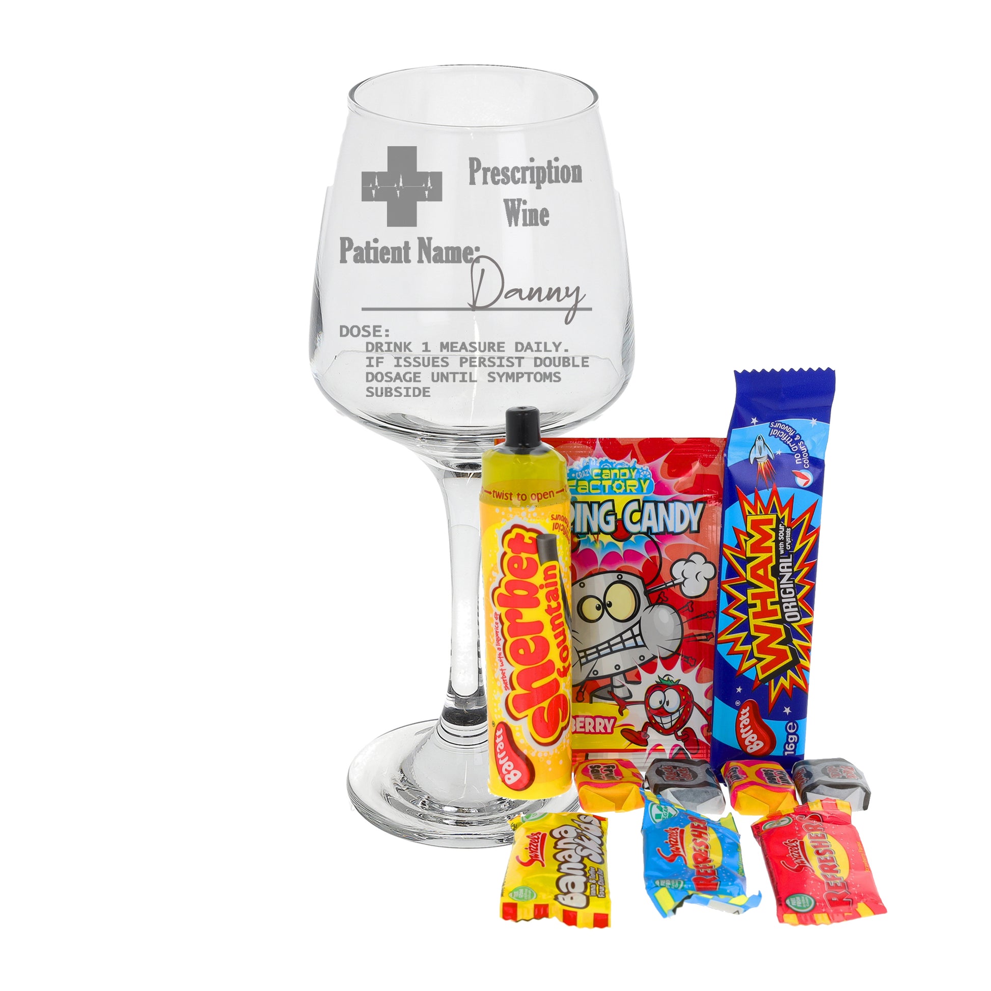 Personalised Engraved Prescription Wine Glass Gift  - Always Looking Good - Small - Filled with Retro Sweets  
