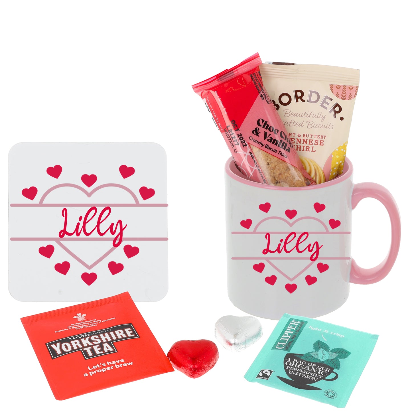 Personalised Pink Heart Design Mug and Coaster with Treats  - Always Looking Good - Tea Filled Set  