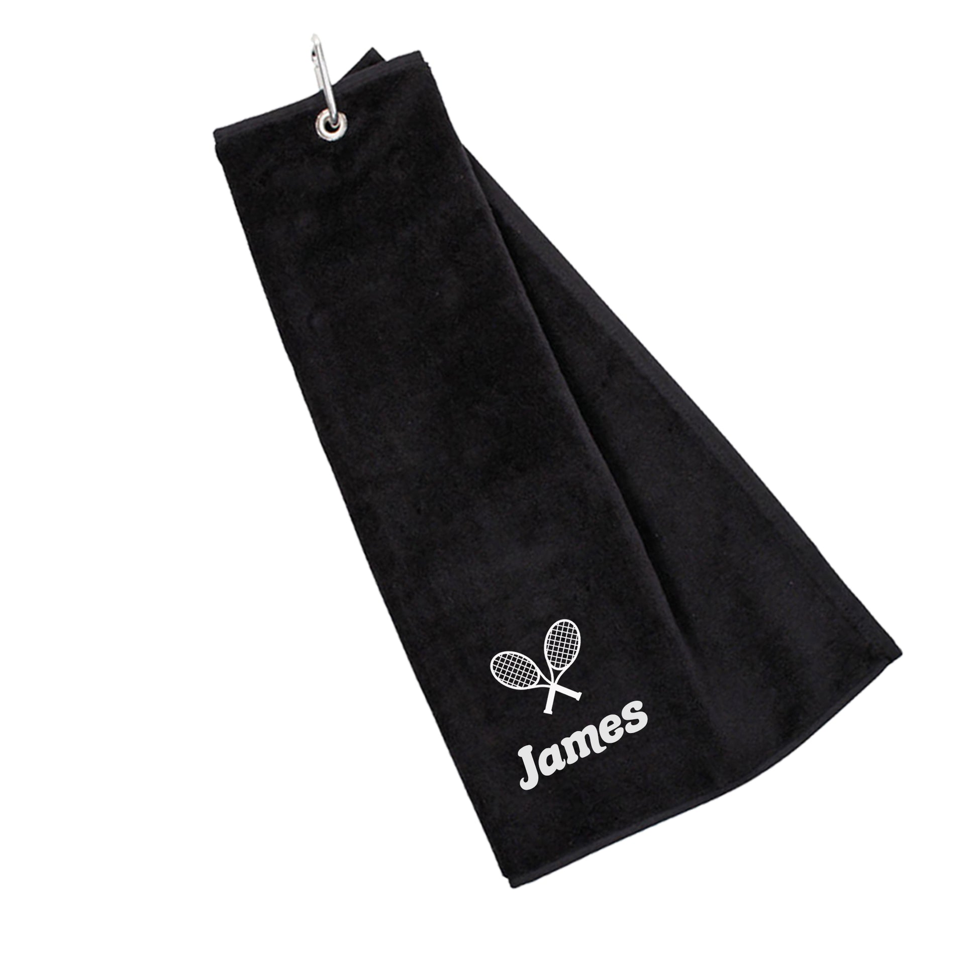 Personalised Embroidered Tri Fold TENNIS Towel Trifold with Carabiner Clip  - Always Looking Good - Black  