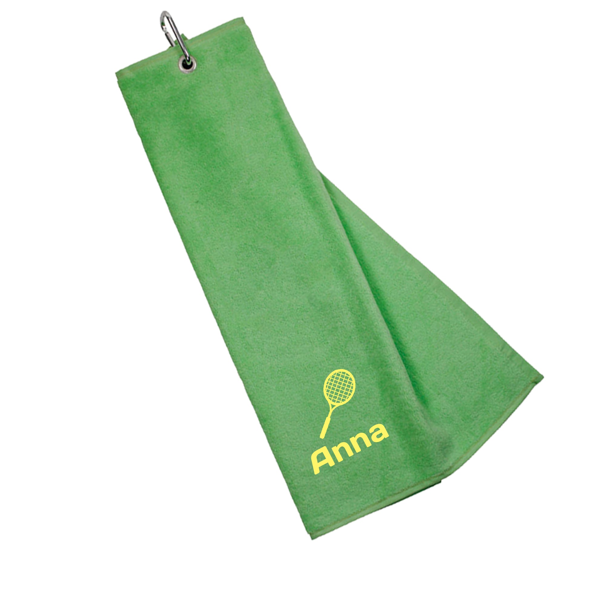 Personalised Embroidered Tri Fold TENNIS Towel Trifold with Carabiner Clip  - Always Looking Good - Light Green  