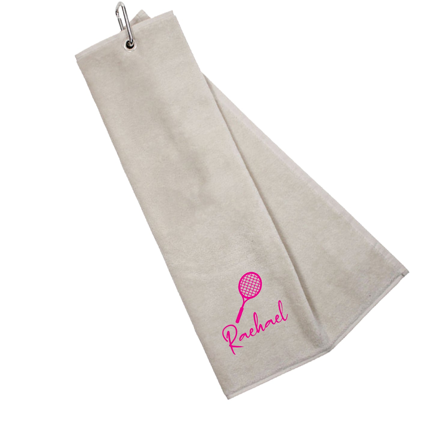 Personalised Embroidered Tri Fold TENNIS Towel Trifold with Carabiner Clip  - Always Looking Good - White  