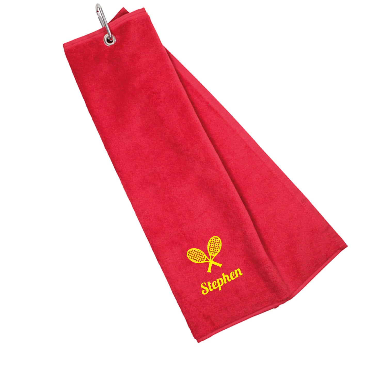 Personalised Embroidered Tri Fold TENNIS Towel Trifold with Carabiner Clip  - Always Looking Good - Red  