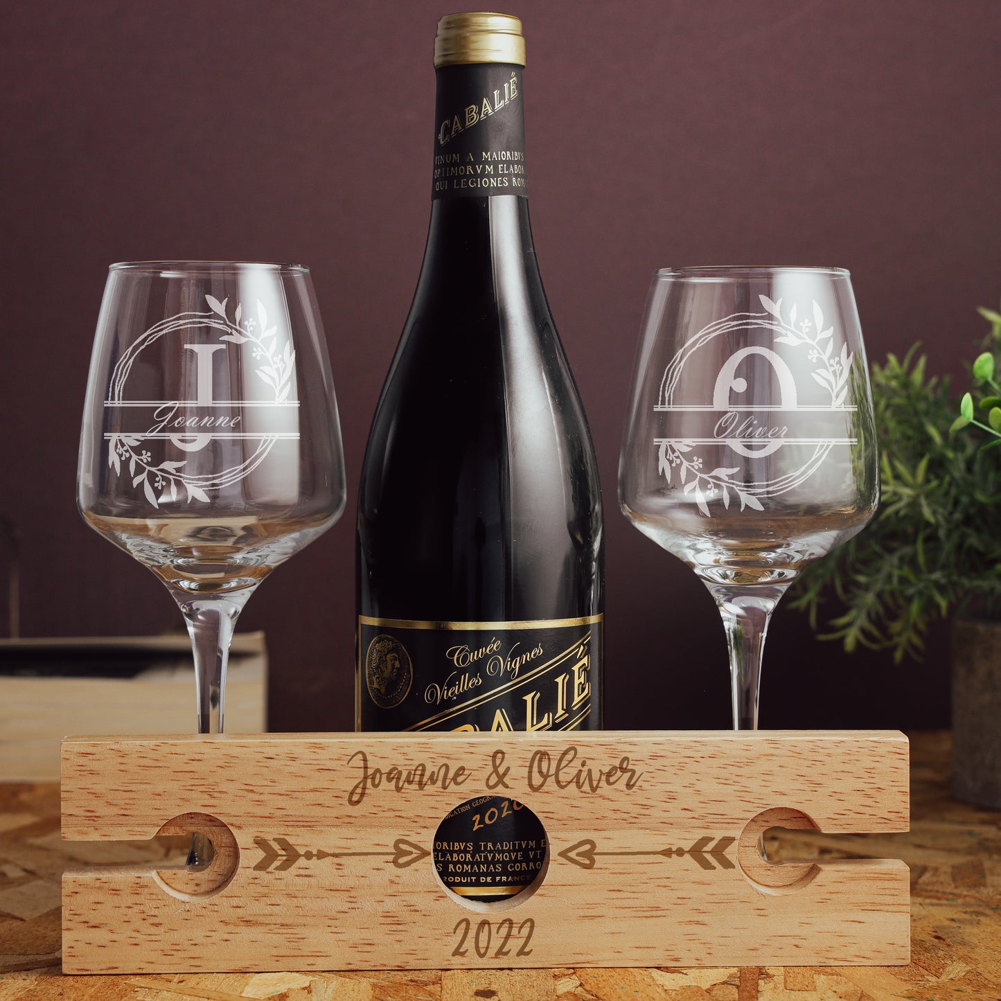 Engraved Personalised Wooden 2 Wine Glass Butler Caddy With Names  - Always Looking Good -   