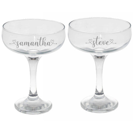 Personalised Engraved Heart and Name Champagne Saucer  - Always Looking Good - Two Glasses  