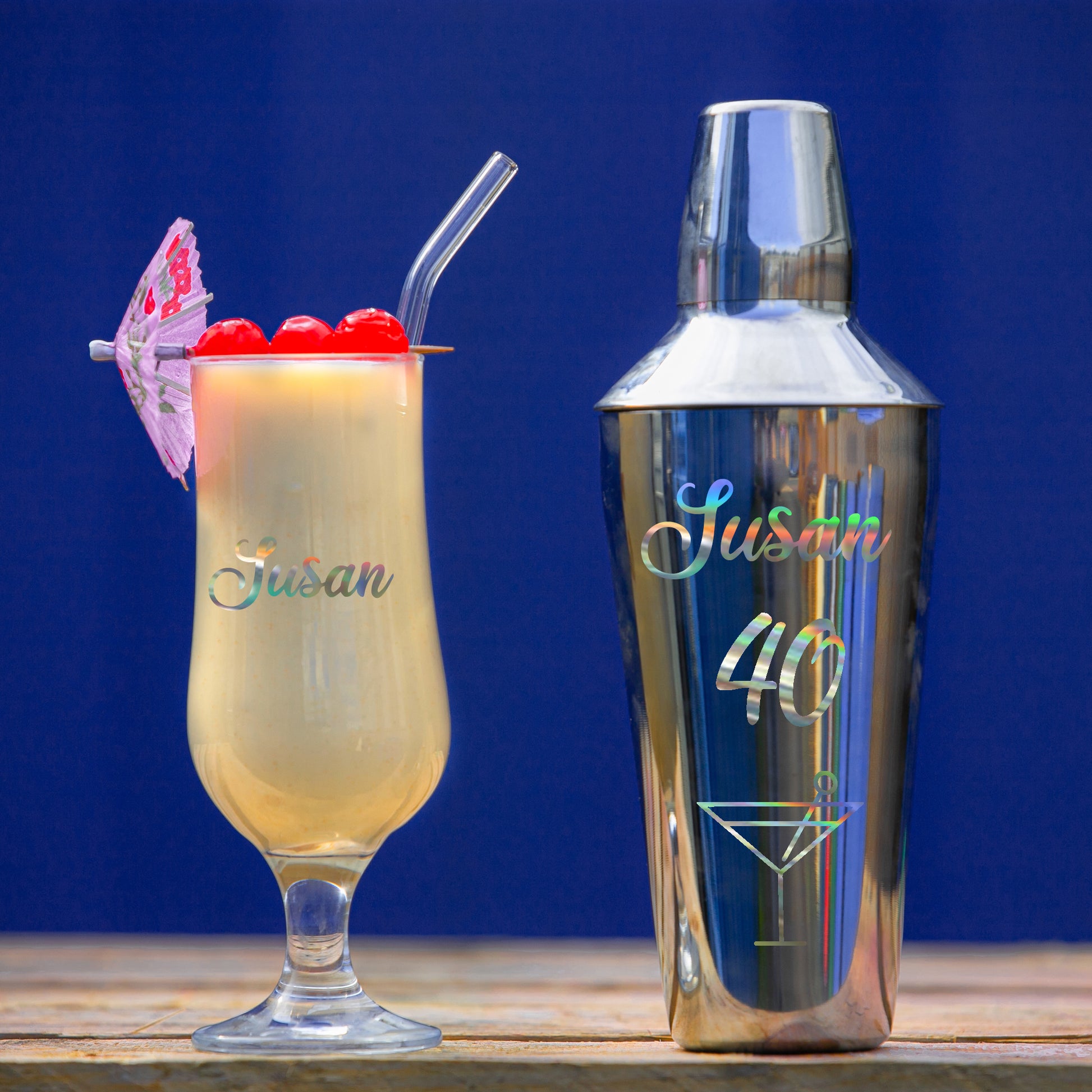 Personalised 40th Birthday Cocktail Shaker & Pina Colada Glass Gift Set  - Always Looking Good -   