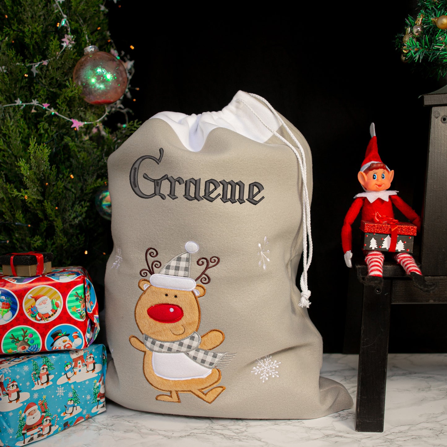 Personalised Embroidered Large Grey Christmas Reindeer Or Santa Sack  - Always Looking Good -   