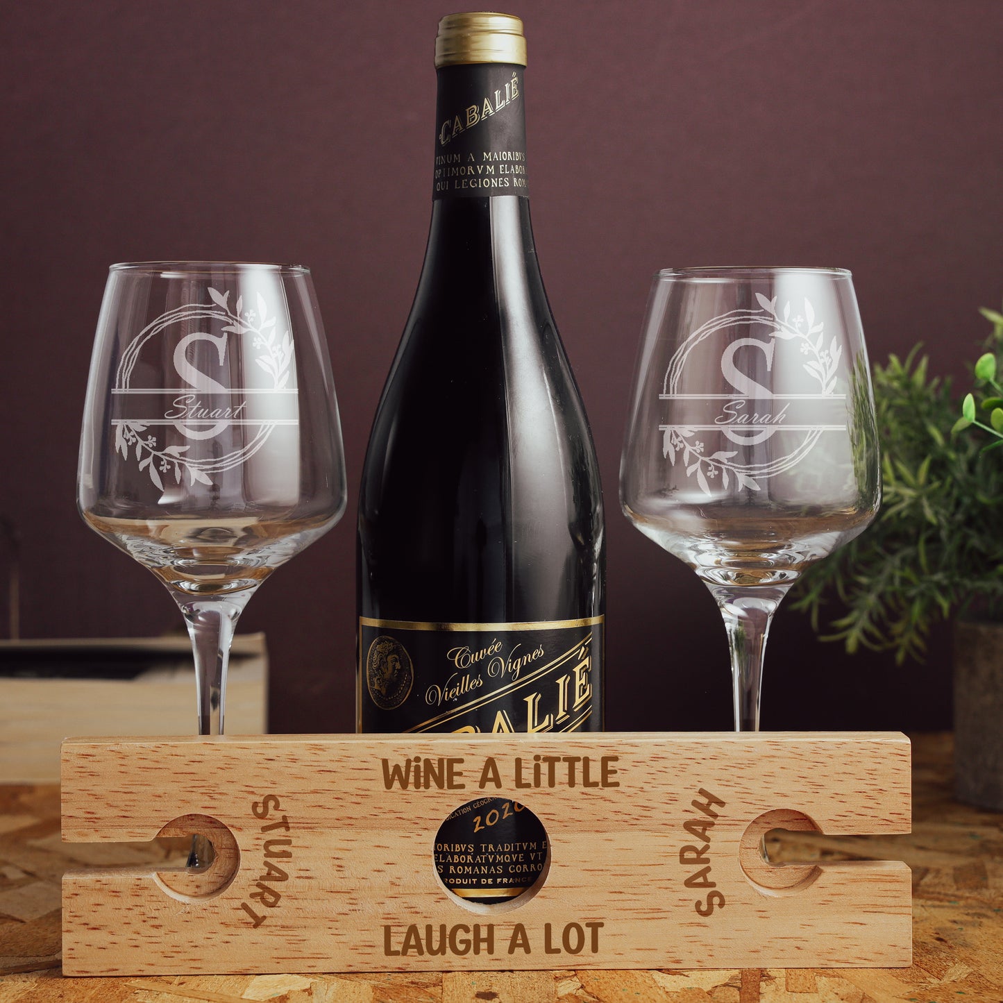 Engraved Personalised "Wine A Little, Laugh A Lot" Wooden 2 Wine Glass Butler Caddy  - Always Looking Good -   